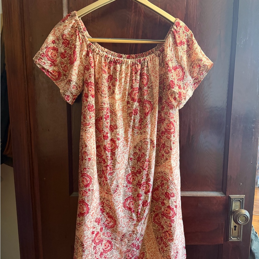 Madewell Red and Cream Paisley Off-Shoulder Dress